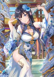 Rule 34 | 1girl, absurdres, alternate costume, asymmetrical clothes, black hair, blue eyes, blue sailor collar, blush, breasts, china dress, chinese clothes, cleavage, cleavage cutout, clothing cutout, detached sleeves, dragon, dress, floral print, flower, hair flower, hair ornament, hairclip, hand fan, highres, large breasts, long hair, looking at viewer, mosta (lo1777789), one eye closed, pelvic curtain, sailor collar, sakurajima mai, seishun buta yarou, side slit, sleeveless, sleeveless dress, smile, solo, thighhighs, white thighhighs, wide sleeves