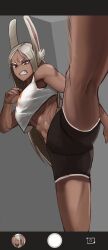 Rule 34 | 1girl, abs, absurdres, angry, animal ears, bare arms, bare legs, bare shoulders, black shorts, boku no hero academia, breasts, clenched teeth, crop top, dark-skinned female, dark skin, highres, imminent kick, kicking, kneepits, large breasts, long eyelashes, long hair, looking at viewer, mirko, motion blur, navel, parted bangs, rabbit ears, rabbit girl, red eyes, short shorts, shorts, solo, soolee040995, standing, standing on one leg, tank top, teeth, thighs, v-shaped eyebrows, very long hair, white hair, white tank top