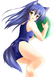 Rule 34 | 1girl, :d, absurdres, animal ears, ass, bad id, bad pixiv id, ball, barefoot, beachball, blue hair, blue one-piece swimsuit, blush, clothing cutout, dog ears, dog tail, fang, from side, hair between eyes, happy, highres, holding, kotarou (wanko), long hair, looking at viewer, looking back, neko pan, one-piece swimsuit, open mouth, school swimsuit, simple background, smile, soles, solo, swimsuit, tail, tail through clothes, wanko to kurasou, white background, yellow eyes