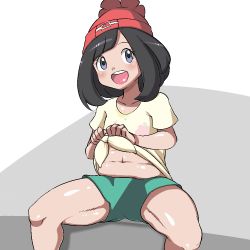 Rule 34 | 10s, 1girl, artist request, black hair, blue eyes, creatures (company), game freak, hat, looking at viewer, nintendo, open mouth, plump, pokemon, pokemon sm, selene (pokemon), shorts, thick thighs, thighs, tomboy