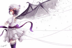 Rule 34 | 1girl, bad id, bad pixiv id, bat wings, blue hair, caidychen, cowboy shot, crossed arms, female focus, frilled thighhighs, frills, glowing, glowing eyes, hat, looking back, petals, purple hair, red eyes, remilia scarlet, short hair, skirt, solo, standing, string, thighhighs, torn wings, touhou, wings, zettai ryouiki