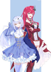 Rule 34 | 2girls, absurdres, baobhan sith (fate), baobhan sith (first ascension) (fate), blue cape, blue dress, boots, breasts, cape, closed mouth, crossed arms, detached collar, detached sleeves, dress, fangs, fate/grand order, fate (series), flower, frilled dress, frills, gloves, grey eyes, hair ornament, hand up, highres, kei201107, long hair, looking at viewer, medium breasts, melusine (fate), melusine (second ascension) (fate), multiple girls, nail polish, open mouth, pink hair, pointy ears, red dress, red nails, red thighhighs, sidelocks, small breasts, smile, thigh boots, thighhighs, two-tone background, white flower, white hair, white thighhighs, yellow eyes