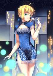 Rule 34 | 1girl, absurdres, ahoge, artoria pendragon (all), artoria pendragon (fate), blonde hair, blue dress, blue ribbon, bracelet, breasts, china dress, chinese clothes, city, cleavage, cleavage cutout, clothing cutout, cowboy shot, dress, fate/stay night, fate (series), gloves, gogatsu fukuin, green eyes, hair between eyes, hair ribbon, half gloves, highres, holding, jewelry, looking at viewer, medium breasts, night, outdoors, ribbon, saber (fate), short dress, short hair, short hair with long locks, side slit, sidelocks, sky, sleeveless, sleeveless dress, smile, solo, standing, star (sky), starry sky, white gloves