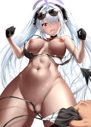 Rule 34 | 1girl, akizuki akina, assisted exposure, bikini, bikini pull, black bikini, black gloves, blue archive, blush, breasts, choker, clothes pull, commentary request, convenient censoring, dark-skinned female, dark skin, demon tail, embarrassed, eyewear on head, gloves, gluteal fold, grey hair, hair over one eye, halo, iori (blue archive), iori (swimsuit) (blue archive), long hair, looking at viewer, medium breasts, navel, nipples, official alternate costume, open mouth, partially visible vulva, pointy ears, pulling another&#039;s clothes, red eyes, simple background, string bikini, sunglasses, swimsuit, tail, twintails, undressing, untied bikini, very long hair, wardrobe malfunction, white background