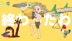 Rule 34 | 1boy, animal, bare legs, barefoot, belt, bird, black hands, black shorts, character request, chicken, colored extremities, dragon, earrings, eastern dragon, floating hair, grey hair, instrument, jewelry, kyoufuu all back (vocaloid), light brown hair, link, male focus, master sword, music, nintendo, ocarina, playing instrument, pointy ears, reaching, rocket, shorts, the legend of zelda, the legend of zelda: tears of the kingdom, topless male, triangle (instrument), walking, yurian (user utch8788)