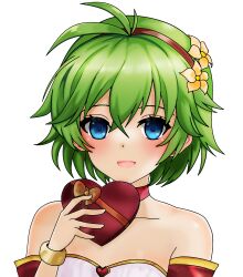 Rule 34 | 1girl, :d, absurdres, bare shoulders, blue eyes, blush, box, candy, chocolate, chocolate heart, collarbone, commentary, dinjo, english commentary, fire emblem, fire emblem: the blazing blade, fire emblem heroes, food, gift, green hair, hairband, heart, heart-shaped box, highres, holding, holding chocolate, holding food, nino (fire emblem), nintendo, open mouth, short hair, smile, solo, transparent background, valentine