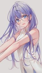 Rule 34 | 1girl, :d, absurdres, bare arms, bare shoulders, blue eyes, blush, character request, cowboy shot, dress, elsword, glasses, grey background, highres, lium, long hair, looking at viewer, open mouth, purple hair, rimless eyewear, round eyewear, simple background, sleeveless, sleeveless dress, smile, upper body, very long hair, white dress