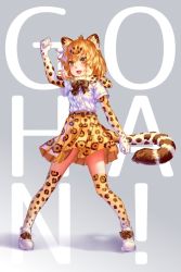 Rule 34 | 10s, 1girl, animal ears, black bow, blush, bow, brown eyes, elbow gloves, eyebrows, full body, gloves, highres, jaguar (kemono friends), jaguar ears, jaguar tail, kemono friends, looking away, open mouth, orange gloves, orange hair, orange skirt, orange thighhighs, short hair, skirt, smile, solo, tail, thighhighs, wasabichan