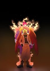 Rule 34 | 2boys, absurdres, back-to-back, blonde hair, bodysuit, bodysuit under clothes, boku no hero academia, closed eyes, command input, costume, endeavor (boku no hero academia), facial hair, feathered wings, feathers, fire, fur-trimmed jacket, fur trim, gimjaban 24, goatee, hands in pocket, hawks (boku no hero academia), headphones, highres, jacket, laughing, male focus, multiple boys, muscular, muscular male, open mouth, pyrokinesis, red feathers, red hair, rimless eyewear, short hair, simple background, size difference, solo focus, standing, tinted eyewear, toned, toned male, very short hair, wings