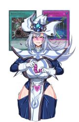 1girl blush breasts condom condom_wrapper curvy exabyte_(parallax05) gloves hair_between_eyes highres huge_breasts long_hair looking_at_viewer mind_break mind_control pink_eyes robe shiny_skin silent_magician sweat tabard thick_thighs thighs tongue tongue_out white_hair wide_hips yu-gi-oh! yu-gi-oh!_duel_monsters