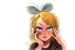 Rule 34 | 1girl, bad id, bad tumblr id, blonde hair, bloom, blue eyes, kagamine rin, lips, messy hair, migikata no chou (vocaloid), nail, poyosynthesis, simple background, solo, upper body, vocaloid