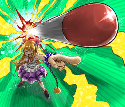 Rule 34 | 1girl, black footwear, bow, chain, clenched hand, closed eyes, commentary request, cookie (touhou), facing viewer, false smile, footwear bow, full body, green background, hair bow, highres, horn bow, horn ornament, horn ribbon, horns, ibuki suika, korean commentary, long hair, missile, neckerchief, nicoseiga29968555, oni, open mouth, orange hair, orb, pointing, purple bow, purple skirt, pyramid (geometry), red bow, red neckerchief, ribbon, shirt, shoes, sidelocks, skirt, sleeveless, sleeveless shirt, smile, socks, solo, spiked cuffs, standing, torn clothes, torn sleeves, touhou, very long hair, white shirt, white socks, wrist cuffs, yuyusu (cookie)