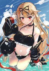 Rule 34 | 1girl, alternate costume, bikini, black bikini, black jacket, black ribbon, blonde hair, blue sky, cloud, commentary request, cowboy shot, frilled bikini, frills, hair flaps, hair ornament, hair ribbon, hairclip, highres, jacket, kantai collection, long hair, looking at viewer, o-sirius, red eyes, ribbon, sky, solo, swimsuit, translation request, yuudachi (kancolle)