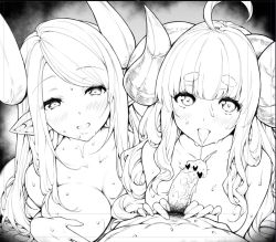 Rule 34 | 1boy, 2girls, after ejaculation, ahoge, anila (granblue fantasy), blush, breasts, cleavage, collarbone, completely nude, cum, cum in mouth, cumdrip, draph, facial, granblue fantasy, greyscale, horns, kumbhira (granblue fantasy), large breasts, long hair, looking at viewer, male pubic hair, monochrome, multiple girls, mushi024, nude, oral, parted bangs, penis, pointy ears, pov, pubic hair, smile, sweat, thick eyebrows, tongue, tongue out