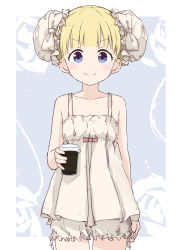 Rule 34 | 1girl, absurdres, bare shoulders, blonde hair, bloomers, blue eyes, blunt bangs, blush, border, bun cover, commentary request, cowboy shot, cup, double bun, dress, emilico (shadows house), frilled dress, frills, hair bun, highres, holding, holding cup, looking at viewer, outside border, rauto, shadows house, smile, solo, standing, underwear, white border