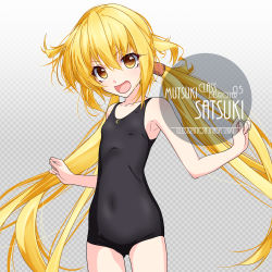 Rule 34 | 1girl, ahoge, alternate costume, armpits, artist name, black one-piece swimsuit, blonde hair, blush, character name, checkered background, collarbone, commentary request, cowboy shot, crescent, eyes visible through hair, flat chest, gradient background, grey background, hair between eyes, inaba shiki, kantai collection, logo, long hair, looking at viewer, new school swimsuit, one-hour drawing challenge, one-piece swimsuit, open mouth, satsuki (kancolle), school swimsuit, smile, solo, standing, swimsuit, twintails, v-shaped eyebrows, very long hair, yellow eyes