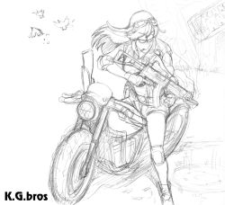 Rule 34 | 1girl, artist name, bird, breasts, cigarette, freckles, goggles, goggles on head, gravity falls, greyscale, gun, half-closed eyes, hat, kakugari kyoudai, long hair, looking away, monochrome, motor vehicle, motorcycle, mouth hold, outdoors, shorts, sign, sketch, small breasts, smoke, smoking gun, solo, straddling, weapon, wendy corduroy