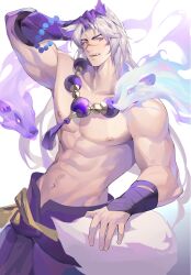 Rule 34 | 1boy, abs, absurdres, animal, animal ears, bandaged arm, bandages, bead necklace, beads, cowboy shot, fang, grey hair, hand on own head, highres, japanese clothes, jewelry, male focus, muscular, muscular male, navel, necklace, nipples, open mouth, original, pink hair, scar, scar on face, simple background, smile, solo, spirit, tail, white background, yaoyaore