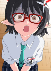 Rule 34 | 1girl, ayane (blue archive), black hair, blue archive, blue archive the animation, breast pocket, breasts, brown eyes, collared shirt, glasses, green necktie, hair ornament, halo, highres, kamelie, looking at viewer, necktie, open mouth, plaid, plaid skirt, pleated skirt, pocket, pointy ears, red-framed eyewear, red halo, school uniform, shaded face, shirt, short hair, skirt, small breasts, solo, sweat, white shirt