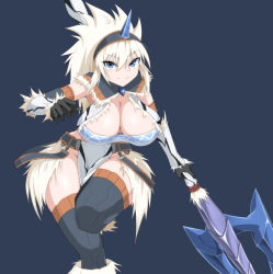 Rule 34 | 1girl, bandeau, blue eyes, boots, breasts, cleavage, elbow gloves, fur trim, gloves, hairband, highres, horns, insect glaive, kirin (armor), large breasts, loincloth, long hair, looking at viewer, monster hunter, monster hunter: world, monster hunter (series), polearm, single horn, smile, solo, spear, strapless, thighhighs, tube top, weapon, white hair