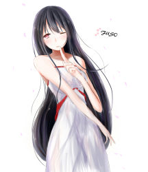Rule 34 | 10s, 1girl, alternate costume, bare arms, bare shoulders, black hair, character name, commentary request, dress, fusou (kancolle), highres, kantai collection, kikuzunooka, long hair, looking at viewer, one eye closed, red eyes, simple background, solo, white background, white dress