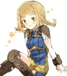 Rule 34 | 1girl, blonde hair, blue eyes, blush, bodysuit, braid, breasts, closed mouth, final fantasy, final fantasy xii, long hair, looking at viewer, machi (alice98), penelo, simple background, smile, solo, star (symbol), twin braids, twintails, white background