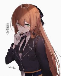 Rule 34 | 1girl, bad id, bad pixiv id, black bow, black jacket, black neckwear, blush, bow, brown hair, collared shirt, dated, girls&#039; frontline, gloves, green eyes, grey background, hair between eyes, hair bow, hand up, jacket, long hair, long sleeves, looking at viewer, mimelond, parted lips, shirt, signature, simple background, solo, springfield (girls&#039; frontline), translation request, upper body, very long hair, white gloves, white shirt