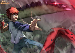 Rule 34 | 1boy, anime coloring, artist name, commentary, emiya shirou, fate/stay night, fate (series), gyatto624, heaven&#039;s feel, highres, holding, holding weapon, huge weapon, long sleeves, male focus, orange hair, raglan sleeves, rock, shroud of martin, signature, solo, sword, weapon, yellow eyes