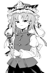 Rule 34 | 1girl, asymmetrical hair, balance scale, closed mouth, cowboy shot, epaulettes, frilled hat, frills, greyscale, half-closed eyes, hat, holding, juliet sleeves, long sleeves, looking at viewer, maguro (mawaru sushi), monochrome, own hands together, puffy sleeves, rod of remorse, shiki eiki, short hair, simple background, skirt, solo, standing, touhou, v-shaped eyebrows, vest, weighing scale