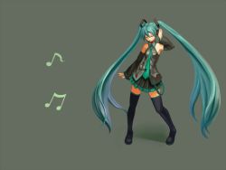 Rule 34 | 1girl, bad id, bad pixiv id, boots, detached sleeves, green hair, grey background, hatsune miku, long hair, musical note, necktie, occult soda, simple background, skirt, solo, thigh boots, thighhighs, twintails, vocaloid