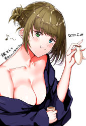 Rule 34 | 1girl, bare shoulders, blue eyes, blush, breasts, brown hair, cleavage, commentary request, cup, dated, eighth note, green eyes, hair bun, hand up, head tilt, heterochromia, holding, holding cup, idolmaster, idolmaster cinderella girls, long sleeves, looking at viewer, medium breasts, mole, mole under eye, moruchi (rinaka moruchi), musical note, off shoulder, short hair, sidelocks, simple background, single hair bun, solo, takagaki kaede, tokkuri, translation request, upper body, white background