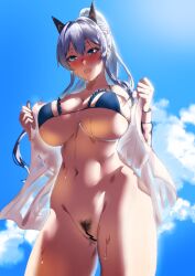 Rule 34 | 1girl, absurdres, bar censor, bikini, bikini top only, blue bikini, blue eyes, blue hair, blue sky, bottomless, breasts, censored, cleft of venus, embarrassed, female pubic hair, gloves, goddess of victory: nikke, hair between eyes, helm (aqua marine) (nikke), helm (nikke), high ponytail, highleg, highleg bikini, highres, jacket, large breasts, light blush, long hair, long sleeves, micro bikini, mrdotd, navel, official alternate costume, open clothes, open jacket, open mouth, outdoors, pubic hair, pussy, see-through, see-through jacket, see-through shirt, sidelighting, sky, solo, string bikini, swimsuit, wet, wet jacket, white gloves, white jacket