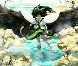 Rule 34 | 1girl, arm cannon, bare tree, bird wings, black hair, black wings, blouse, blush, bow, cape, closed mouth, collared shirt, commentary, commission, closed eyes, facing viewer, feathered wings, floating hair, frilled shirt collar, frilled skirt, frills, full body, green bow, green skirt, hair bow, highres, kajatony, large wings, puffy short sleeves, puffy sleeves, reiuji utsuho, rock, shirt, short sleeves, skeb commission, skirt, smile, solo, starry sky print, third eye, touhou, tree, two-sided cape, two-sided fabric, wading, water, weapon, white cape, white shirt, wings