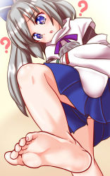 Rule 34 | 1girl, :o, ?, akabashi yuusuke, bare legs, barefoot, blue eyes, commentary request, cowboy shot, detached sleeves, feet, foreshortening, from below, grey hair, hands in opposite sleeves, hat, head tilt, highres, japanese clothes, kariginu, knee up, long hair, looking up, mononobe no futo, open mouth, pom pom (clothes), ponytail, skirt, soles, solo, standing, standing on one leg, tate eboshi, toenails, toes, touhou, wide sleeves