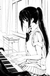 Rule 34 | 1girl, 3:, amage kanade, bad id, bad pixiv id, greyscale, instrument, long hair, monochrome, music, original, piano, playing instrument, pleated skirt, ponytail, school uniform, skirt, solo, traditional media