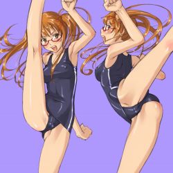 Rule 34 | 00s, 1girl, air gear, ass, black one-piece swimsuit, breasts, brown hair, cameltoe, covered erect nipples, flexible, glasses, hair ribbon, high kick, kicking, looking back, medium breasts, mosha, noyamano ringo, one-piece swimsuit, red-framed eyewear, ribbon, school swimsuit, split, standing, standing on one leg, swimsuit, twintails