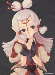 Rule 34 | 1girl, artist name, blush, facial mark, forehead mark, green eyes, long hair, looking to the side, nintendo, paya (zelda), pointy ears, solo, the legend of zelda, the legend of zelda: breath of the wild, upper body, white hair