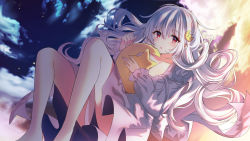 Rule 34 | 1girl, absurdres, bad id, bad pixiv id, blush, cloud, collarbone, crescent, crescent hair ornament, dress, floating hair, hair between eyes, hair ornament, highres, long hair, long sleeves, looking at viewer, open mouth, original, red eyes, short dress, silver hair, solo, very long hair, white dress, yagen (user mxur3238)