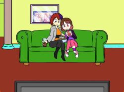Rule 34 | bete noire, blue hair, brown hair, couch, dark blue hair, food, glitchtale, juice, picture frame, pink eyes, pink hair, popcorn, shoes, television, wall, z!betty, zixy, zixy (artists)