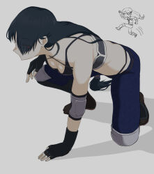 Rule 34 | 1girl, absurdly long hair, ass, black hair, black socks, breasts, closed mouth, collarbone, ears, expressionless, fingerless gloves, flat ass, fool iketani, from side, gloves, grey background, hair over one eye, hand on ground, jumping, kneeling, long bangs, long hair, navel, nose, original, pants, pointy nose, red eyes, simple background, small breasts, socks, very long hair