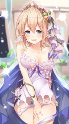 Rule 34 | 1girl, :d, bare arms, bare shoulders, blue eyes, blurry, blurry background, blush, breasts, cleavage, collarbone, commentary request, depth of field, dress, europa (granblue fantasy), fingernails, flower, granblue fantasy, hair between eyes, hair flower, hair ornament, large breasts, light brown hair, looking at viewer, omuretsu, open mouth, orange flower, orange rose, purple flower, purple ribbon, purple rose, ribbon, rose, short dress, signature, smile, solo, strapless, strapless dress, tiara, white dress