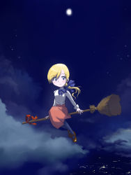 Rule 34 | 1girl, blonde hair, bow, broom, broom riding, city, cloud, flying, full moon, hair bow, hair ribbon, inui (jt1116), moon, night, night sky, original, ponytail, ribbon, sidesaddle, skirt, sky, solo, star (sky), witch