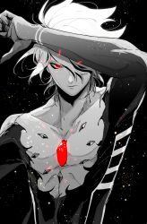 Rule 34 | 1boy, abs, bare shoulders, bishounen, bodysuit, chest jewel, earrings, fate/grand order, fate (series), fuka (hk nemo), glowing, glowing eye, glowing jewelry, greyscale, hair between eyes, hair over one eye, highres, jewelry, karna (fate), male focus, monochrome, one eye covered, pale skin, pectorals, red eyes, shirt, simple background, skin tight, sky, solo, star (sky), starry sky, upper body, white hair