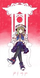Rule 34 | 1girl, blue eyes, green hair, hat, highres, kyuubiness, crossed legs, pantyhose, serious, shiki eiki, short hair, sitting, solo, steepled fingers, text focus, throne, touhou