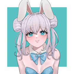 Rule 34 | 1girl, animal ears, bare shoulders, blue eyes, blush, bow, bowtie, breasts, child, cleavage, detached collar, double bun, fake animal ears, goddess of victory: nikke, grey hair, hair between eyes, hair bun, leotard, mozo (mmm), n102 (nikke), playboy bunny, rabbit ears, short hair, short twintails, small breasts, smile, solo, twintails, upper body