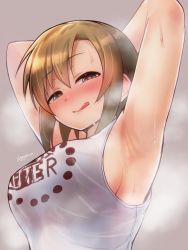 Rule 34 | 1girl, :q, armpits, arms behind head, arms up, blush, breasts, brown hair, closed mouth, clothes writing, commentary request, gojarun, green eyes, grey background, heart, heart-shaped pupils, highres, idolmaster, idolmaster cinderella girls, licking lips, looking at viewer, medium breasts, naughty face, shirt, short hair, sideboob, simple background, smile, solo, sweat, symbol-shaped pupils, tada riina, tank top, tongue, tongue out, twitter username, white shirt