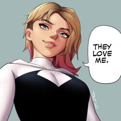 Rule 34 | 1girl, asymmetrical hair, blonde hair, blue eyes, bully maguire (meme), english text, highres, looking down, marvel, meme, multicolored hair, pink hair, shaved head, sidecut, smile, solo, spider-gwen, spider-man: into the spider-verse, spider-man (series), spider-man 3, spider-verse, talt lo, undercut