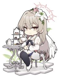 Rule 34 | 1girl, angel wings, black pantyhose, blue archive, brown eyes, chair, chibi, closed mouth, cup, dress, feathered wings, flower, food, full body, hair between eyes, hair flower, hair ornament, halo, high heels, highres, holding, holding cup, light brown hair, long hair, long sleeves, nagisa (blue archive), nyaru (nyaru 4126), pantyhose, pink flower, red halo, sitting, smile, solo, sweets, transparent background, white dress, white flower, white footwear, white wings, wings
