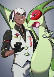 Rule 34 | 1boy, black gloves, black hair, black shirt, blue eyes, claws, collared shirt, commentary request, creatures (company), dark-skinned male, dark skin, earrings, flower, flygon, game freak, gen 3 pokemon, gloves, grey background, grin, half-closed eyes, highres, jewelry, looking down, male focus, nintendo, official alternate costume, pants, pokemon, pokemon (creature), pokemon masters ex, raihan (anniversary 2022) (pokemon), raihan (pokemon), red flower, shirt, short hair, sleeves rolled up, smile, teeth, undercut, usarinko, vest, white pants, white vest
