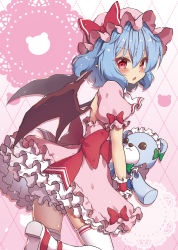 Rule 34 | 1girl, ankle strap, back cutout, bat wings, beni kurage, blue hair, blush, bow, clothing cutout, commentary request, cowboy shot, dress, frills, from side, gradient background, green bow, green neckwear, hair between eyes, hat, hat bow, highres, holding, holding stuffed toy, izayoi sakuya, looking at viewer, maid headdress, mob cap, parted lips, petticoat, pink background, pink dress, pink hat, pointy ears, puffy short sleeves, puffy sleeves, red bow, red eyes, red footwear, red sash, remilia scarlet, sash, shoe soles, short dress, short hair, short sleeves, solo, standing, standing on one leg, stuffed animal, stuffed toy, teddy bear, thighhighs, touhou, white background, white thighhighs, wings, wrist cuffs, zettai ryouiki